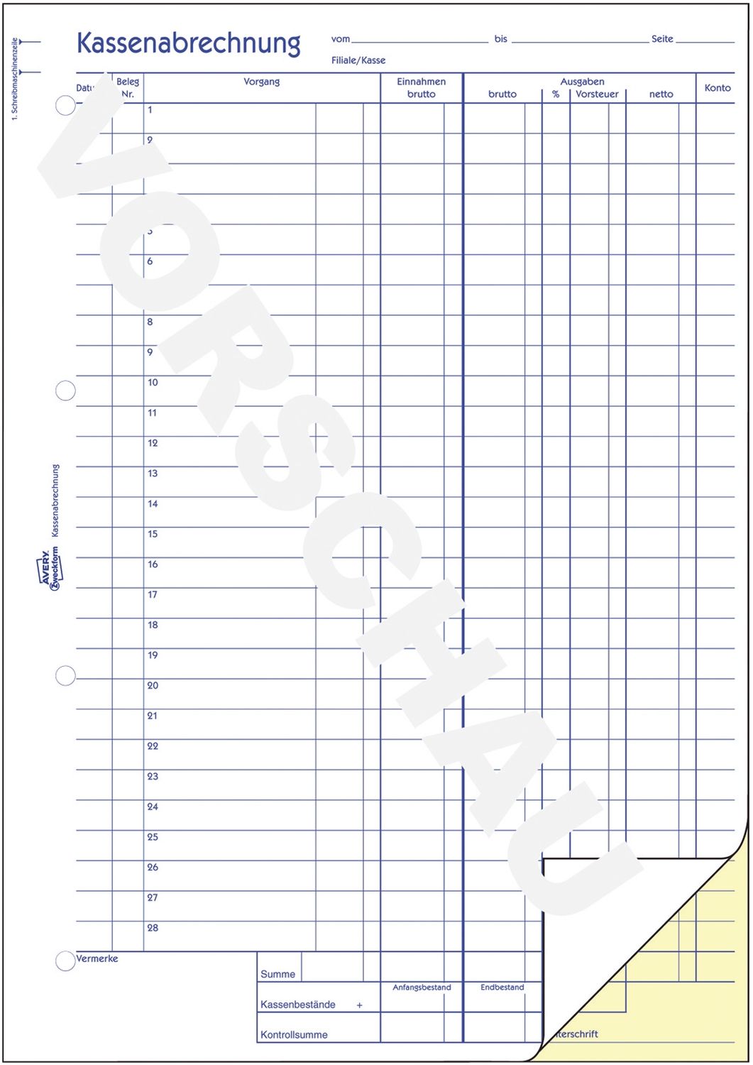 427 Kassenabrechnung, DIN A4, mit MwSt.-Spalte, 2 x 50 Blatt, weiß, gelb 427 Kassenabrechnung, DIN A4, mit MwSt.-Spalte, 2 x 50 Blatt, weiß, gelb