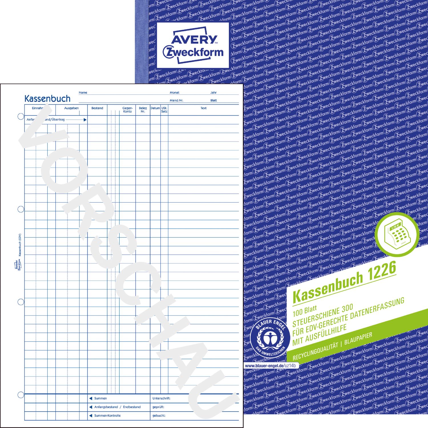 1226 Kassenbuch - EDV-gerecht, A4, Recycling, Blaupapier, 100 Blatt 1226 Kassenbuch - EDV-gerecht, A4, Recycling, Blaupapier, 100 Blatt