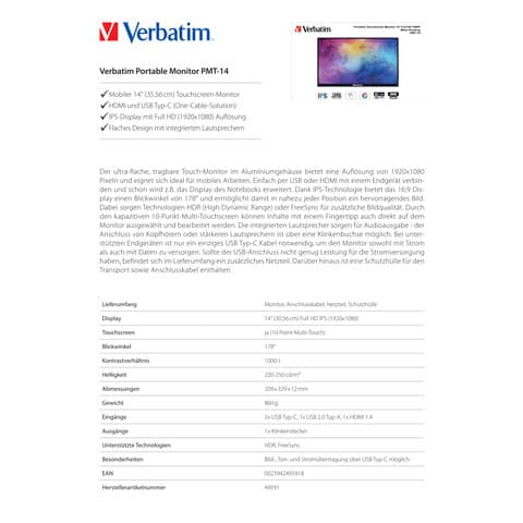Monitor Verbatim Portable PMT-14, 49591, Touchscreen, LCD, Full HD, 14 Zoll (35,56 cm)