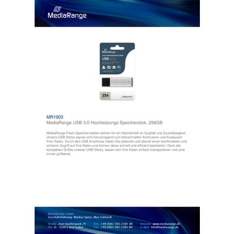USB-Stick Media Range MR1903 High Performance, 256 GB, bis zu 200 MB/s, USB 3.0