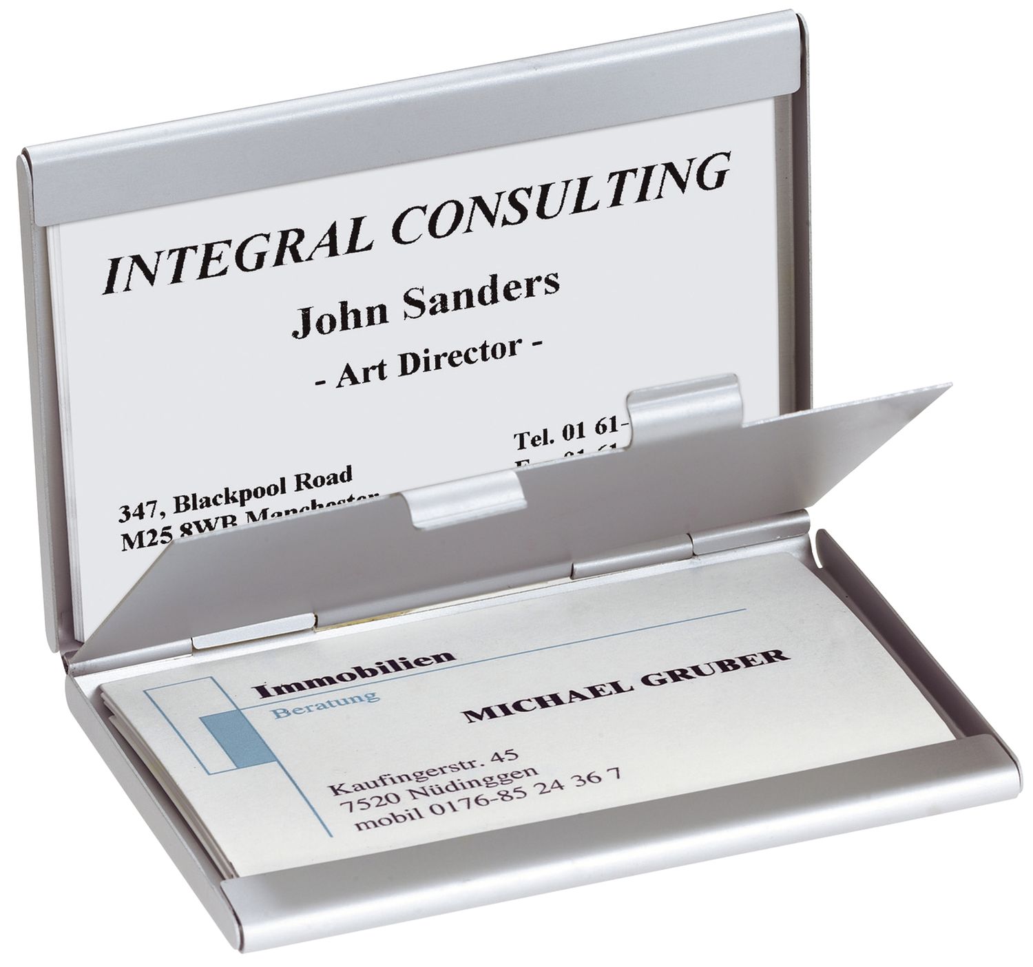 Visitenkarten-Etui Twin - 92 x 63 x 10 mm, silber, matt, mit 2 Fächern Visitenkarten-Etui Twin - 92 x 63 x 10 mm, silber, matt, mit 2 Fächern