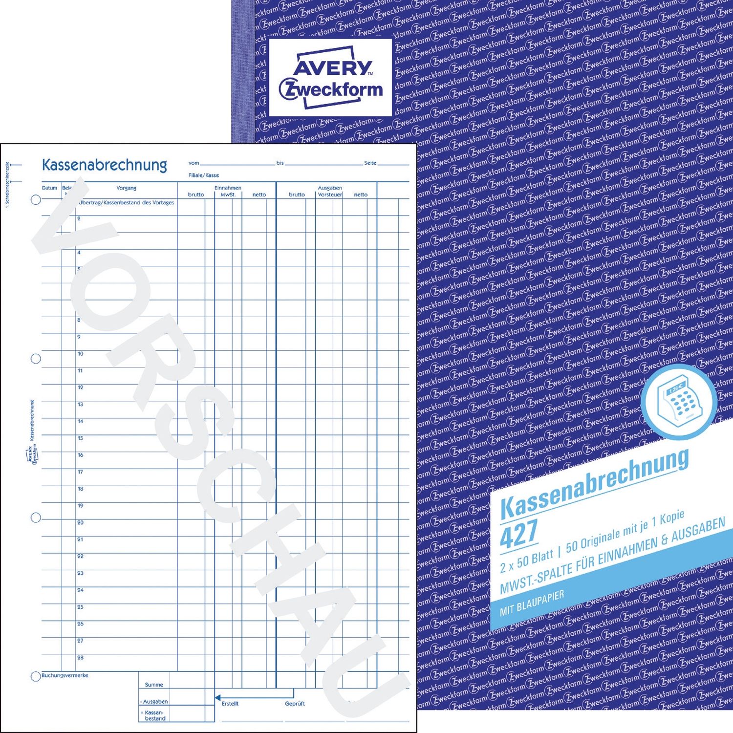 427 Kassenabrechnung, DIN A4, mit MwSt.-Spalte, 2 x 50 Blatt, weiß, gelb 427 Kassenabrechnung, DIN A4, mit MwSt.-Spalte, 2 x 50 Blatt, weiß, gelb