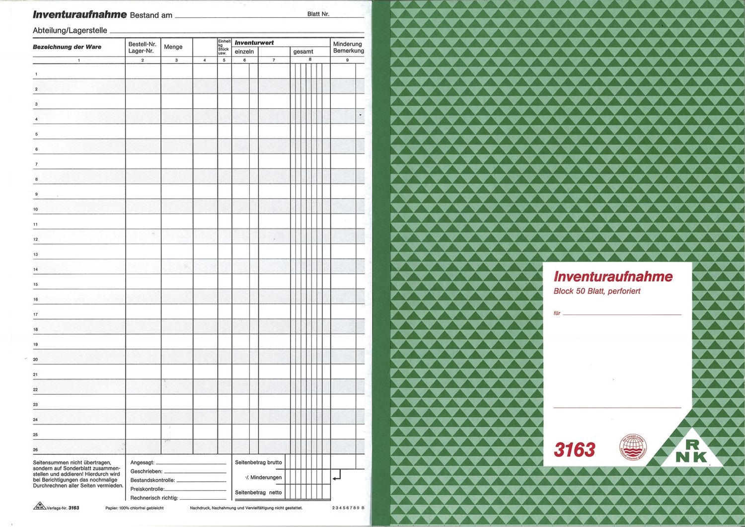 Inventuraufnahme - Block, 50 Blatt, DIN A4 Inventuraufnahme - Block, 50 Blatt, DIN A4