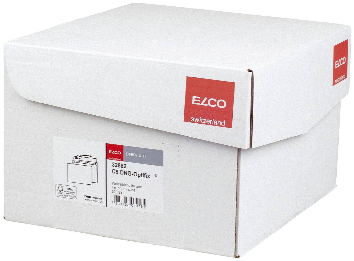 Versandtaschen Office Elco 32882, C5, Öffnung an der langen Seiten,weiß, haftklebend, ohne Fenster, 80 g/qm, 500 Stück in Box mit Deckel