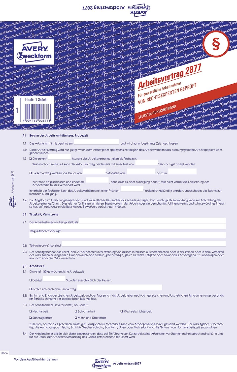 2877 Arbeitsvertrag, DIN A4, für gewerbl. Arbeitnehmer, 1 Satz/5 Stück, blau 2877 Arbeitsvertrag, DIN A4, für gewerbl. Arbeitnehmer, 1 Satz/5 Stück, blau