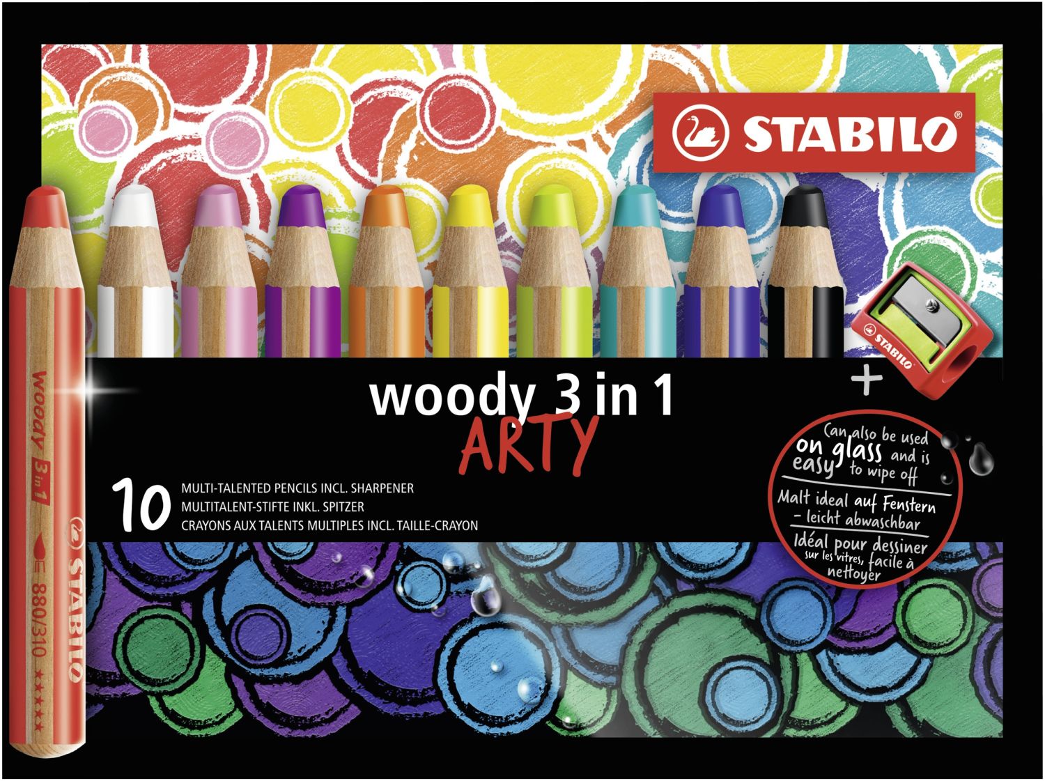 Buntstift, Wasserfarbe & Wachsmalkreide - woody 3 in 1 - ARTY - 10er Pack - mit 10 verschiedenen Farben und Spitzer