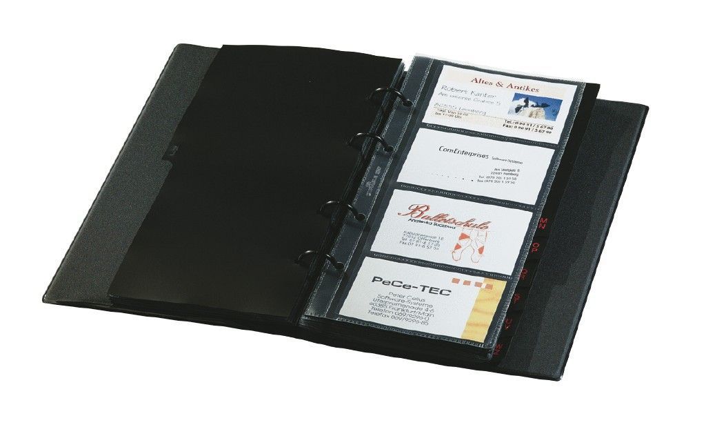 Visitenkarten-Ringbuch - einreihig, schwarz, matt, mit 25 Sichthüllen, Register A-Z, 4-Ring-Mechanik Visitenkarten-Ringbuch - einreihig, schwarz, matt, mit 25 Sichthüllen, Register A-Z, 4-Ring-Mechanik