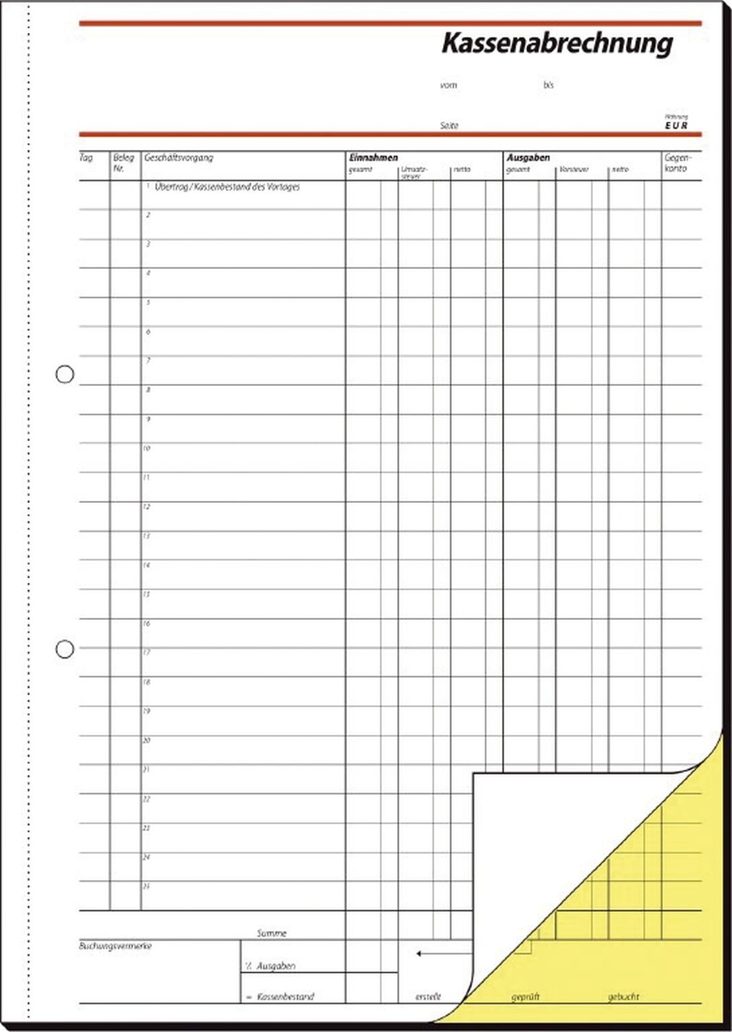 Kassenabrechnungen - A4, 1. und 2. Blatt bedruckt, SD, MP, 2 x 40 Blatt Kassenabrechnungen - A4, 1. und 2. Blatt bedruckt, SD, MP, 2 x 40 Blatt