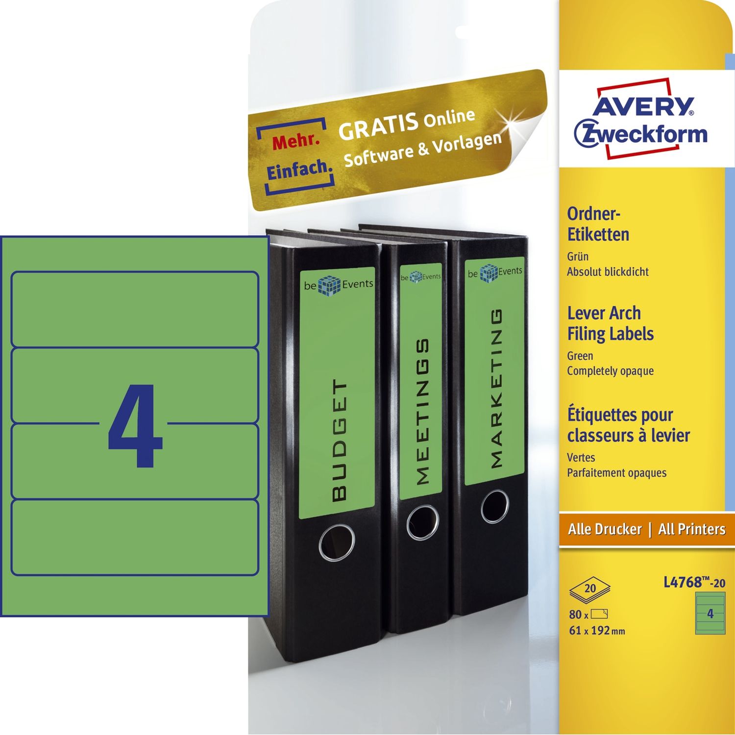 Rückenschilder farbig Avery Zweckform L4768-20 PC-beschriftbar, breit/kurz 61 x 192 mm, 20 Bogen/80 Etiketten, grün