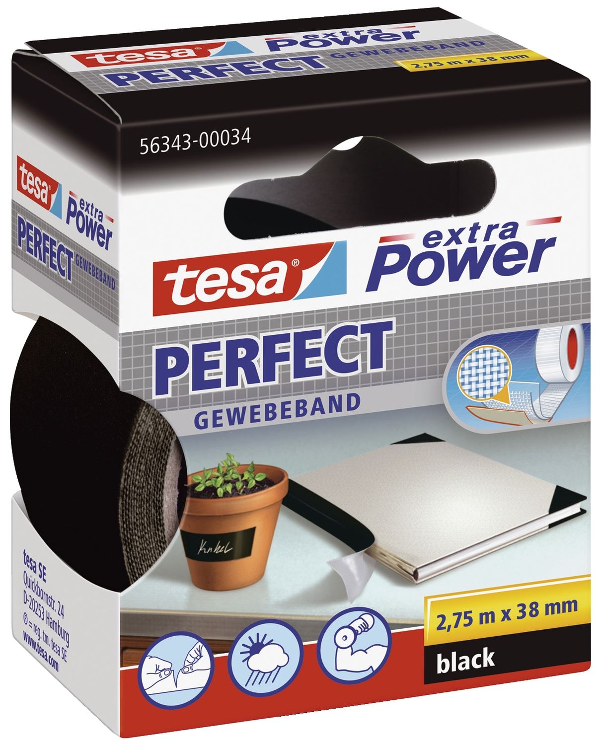 Gewebeklebeband extra Power Perfect - 2,75 m x 38 mm, schwarz Gewebeklebeband extra Power Perfect - 2,75 m x 38 mm, schwarz