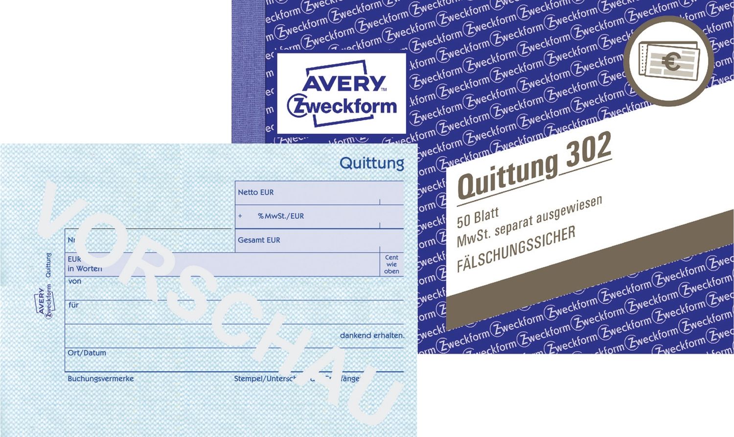 302 Quittung MwSt. separat ausgewiesen - A6 quer, MP, fälschungssicher, 50 Blatt, weiß 302 Quittung MwSt. separat ausgewiesen - A6 quer, MP, fälschungssicher, 50 Blatt, weiß
