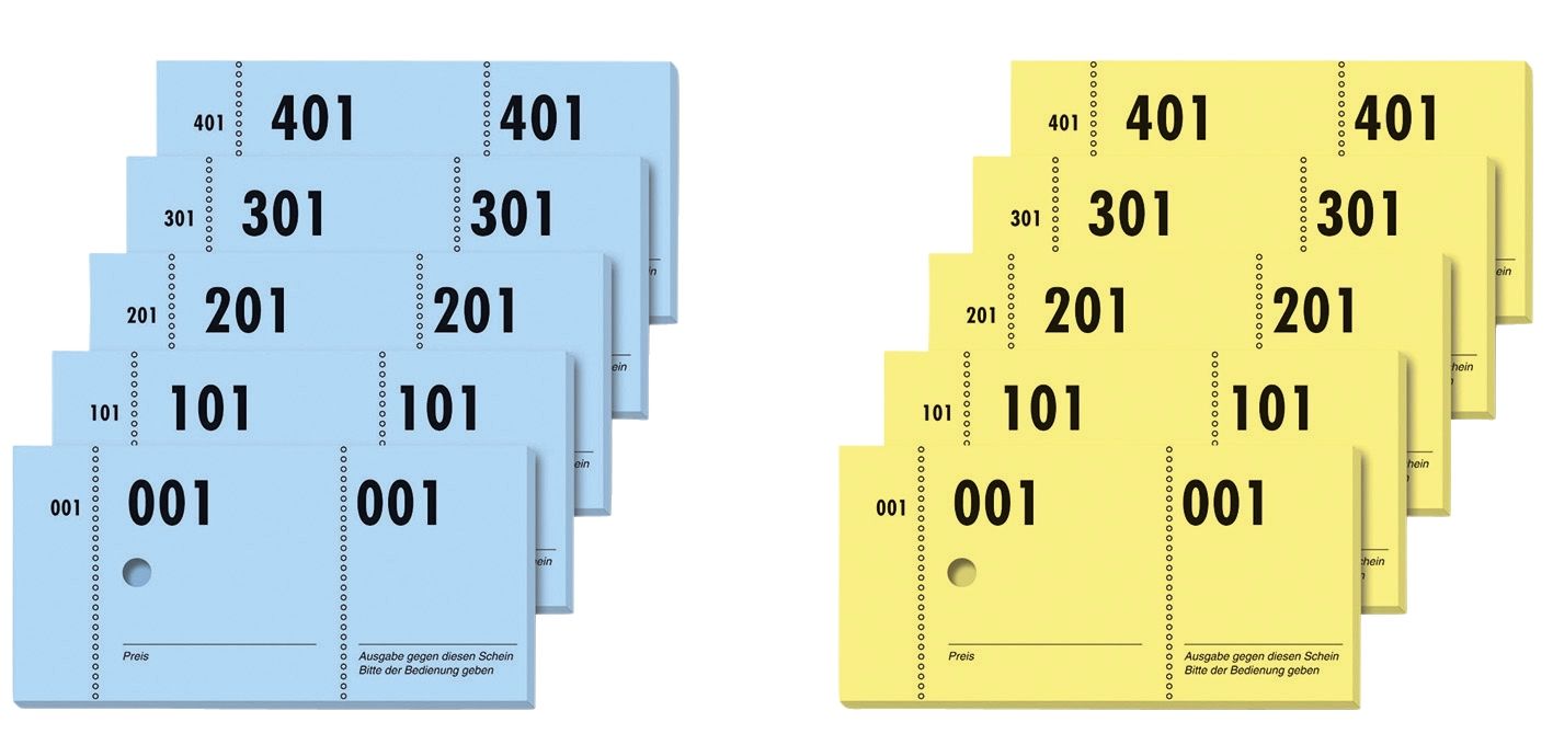 Garderobe-Nummernblock - nummeriert 1-500, 105 x 50 mm, 5 x 100 Stück, 2-fbg. sortiert Garderobe-Nummernblock - nummeriert 1-500, 105 x 50 mm, 5 x 100 Stück, 2-fbg. sortiert