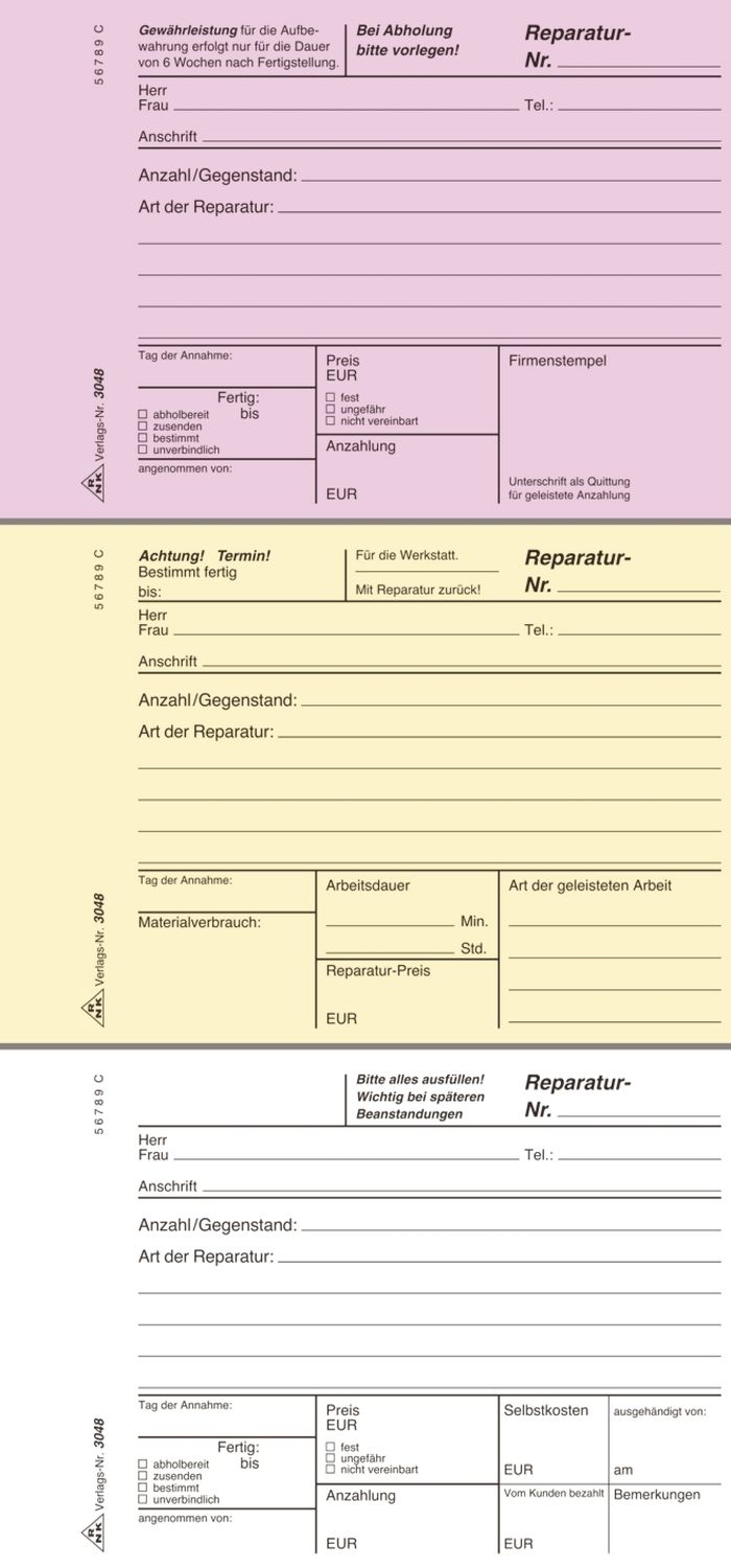 Reparaturschein - Block - SD, 3 x 40 Blatt, DIN A6 quer Reparaturschein - Block - SD, 3 x 40 Blatt, DIN A6 quer