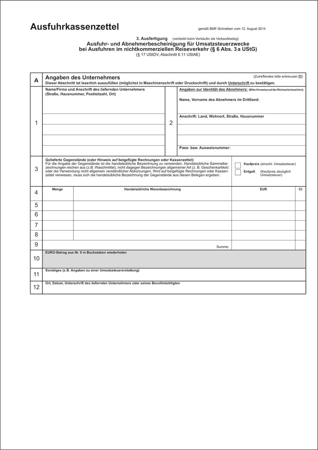 Ausfuhrkassenzettel / Abnehmerbescheinigung Umsatzsteuer - SD, 1x3 Blatt, DIN A4 Ausfuhrkassenzettel / Abnehmerbescheinigung Umsatzsteuer - SD, 1x3 Blatt, DIN A4