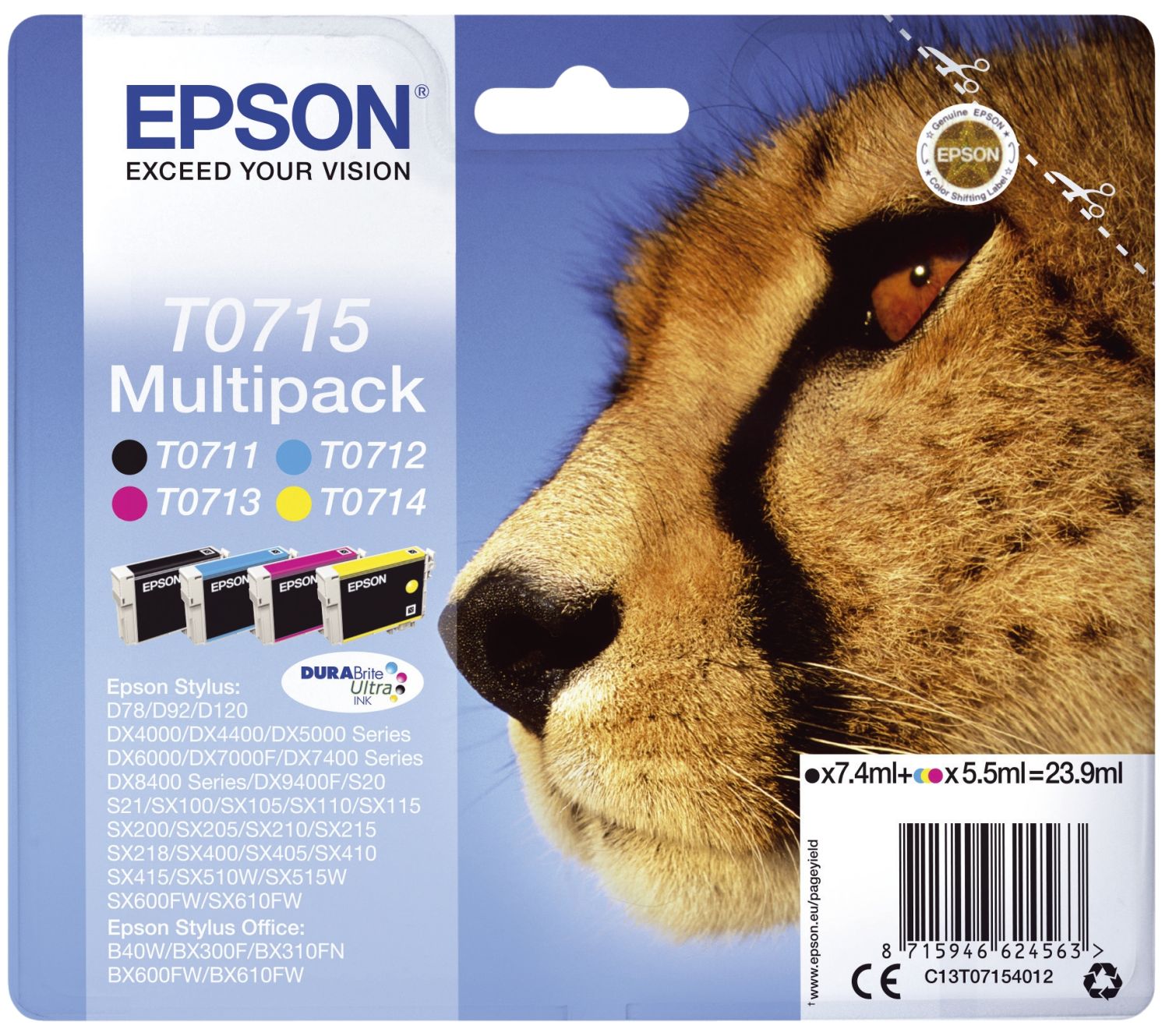 Original Epson Tintenpatrone MultiPack Bk,C,M,Y (C13T07154012,T0715,T07154012)