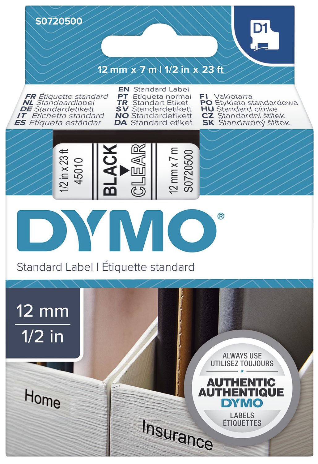 Schriftband D1 Kunststoff - laminiert, 7 m x 12 mm, Schwarz/Transparent Schriftband D1 Kunststoff - laminiert, 7 m x 12 mm, Schwarz/Transparent