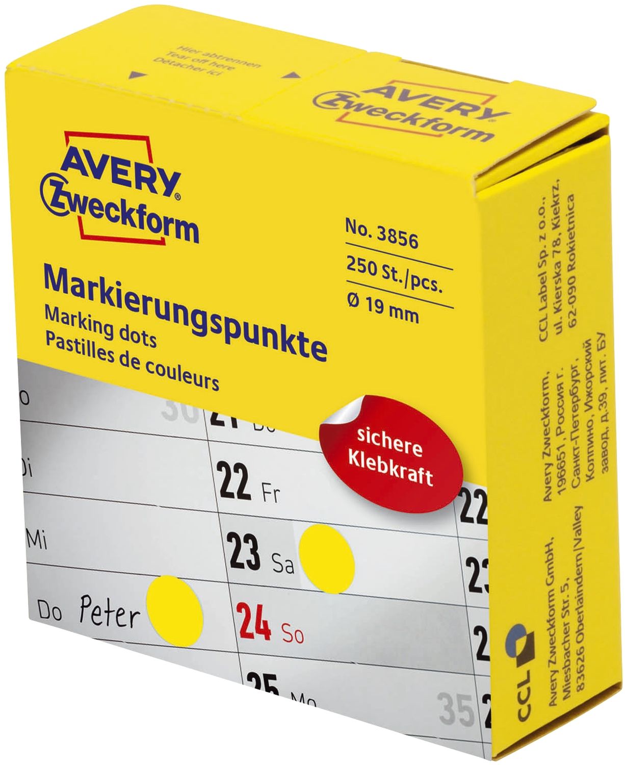 3853 Markierungspunkte - Ø 19 mm, Spender mit 250 Etiketten, gelb 3853 Markierungspunkte - Ø 19 mm, Spender mit 250 Etiketten, gelb