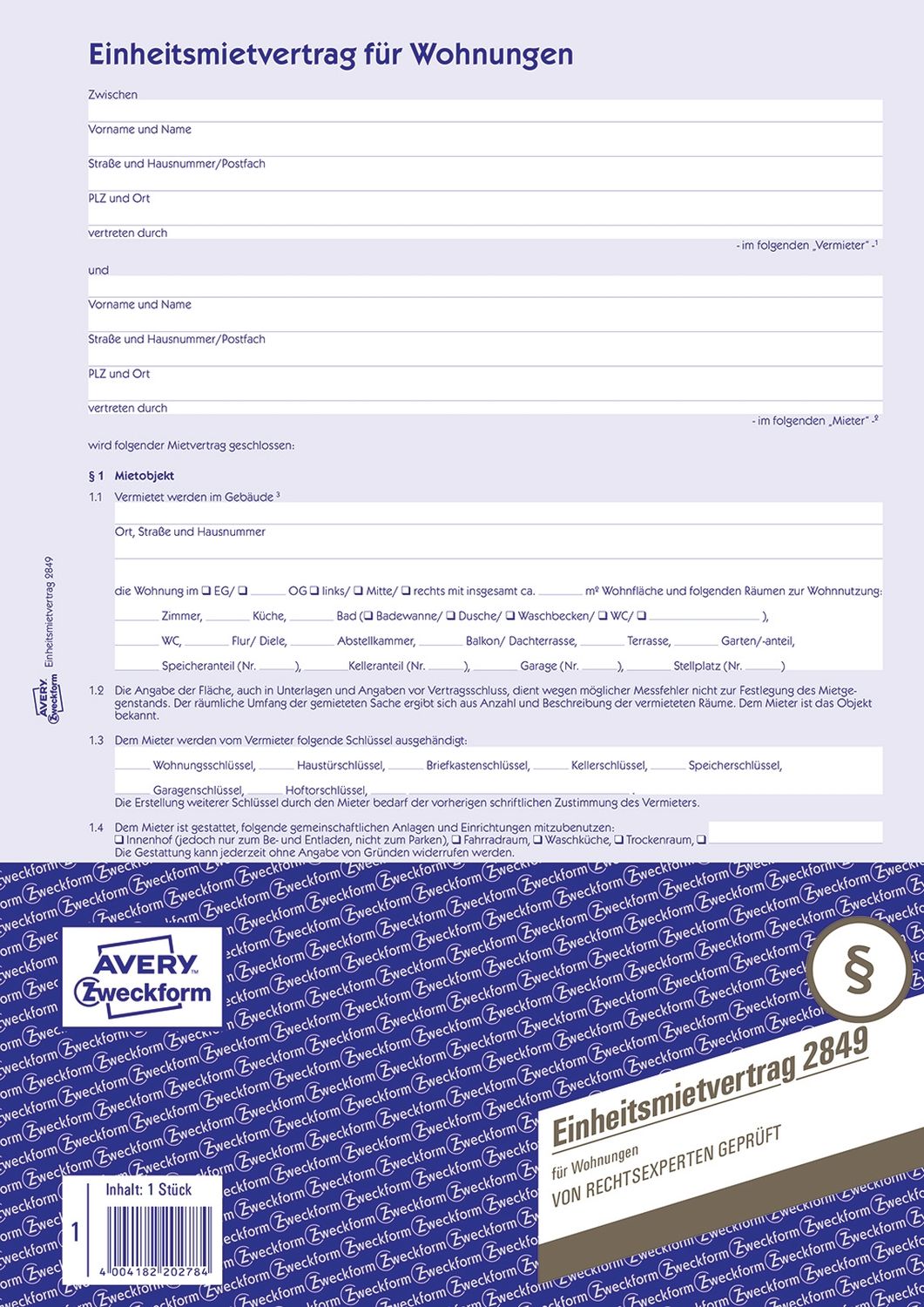 2849 Einheitsmietvertrag für Wohnungen, DIN A4, mit Hausordnung, 1 Satz, blau