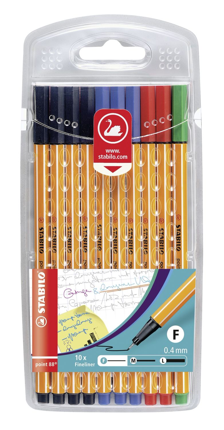 Fineliner - point 88 - 10er Pack Office - 4 x schwarz, 3 x blau, 2 x rot, 1 x grün