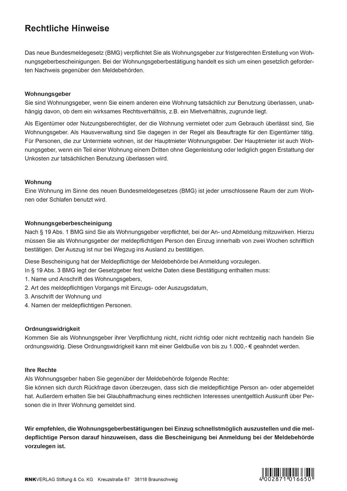 Wohnungsgeberbescheinigung nach § 19 Bundesmeldegesetz (BMG), 2 Seiten, DIN A4 Wohnungsgeberbescheinigung nach § 19 Bundesmeldegesetz (BMG), 2 Seiten, DIN A4