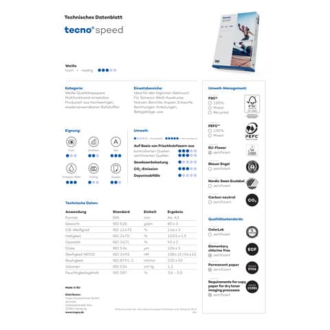 Kopierpapier tecno® speed 2100011521, DIN A4, 80 g/qm, weiß, 100.000 Blatt Palette