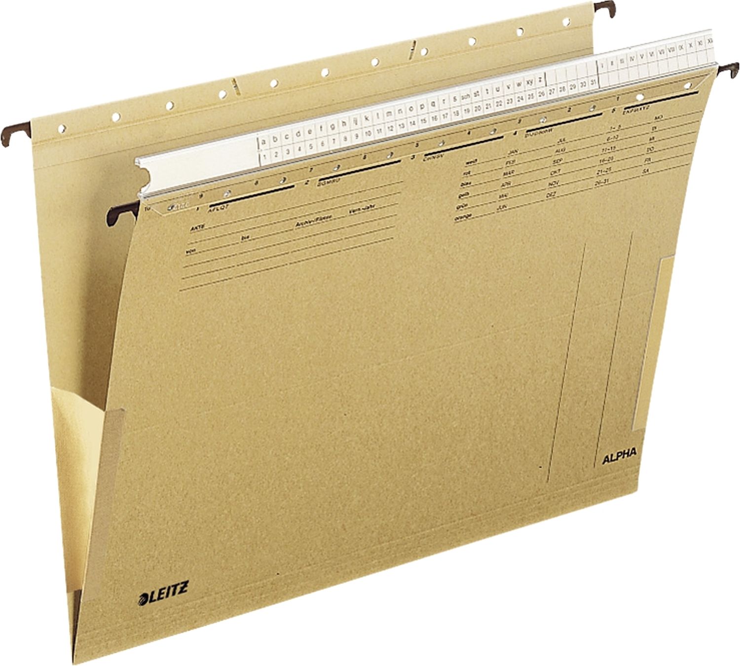 Hängetasche Leitz ALPHA® 1936-00-00 mit Organisationsleiste, seitliche Leinenfrösche, Natronkarton 250g, naturbraun Hängetasche Leitz ALPHA® 1936-00-00 mit Organisationsleiste, seitliche Leinenfrösche, Natronkarton 250g, naturbraun