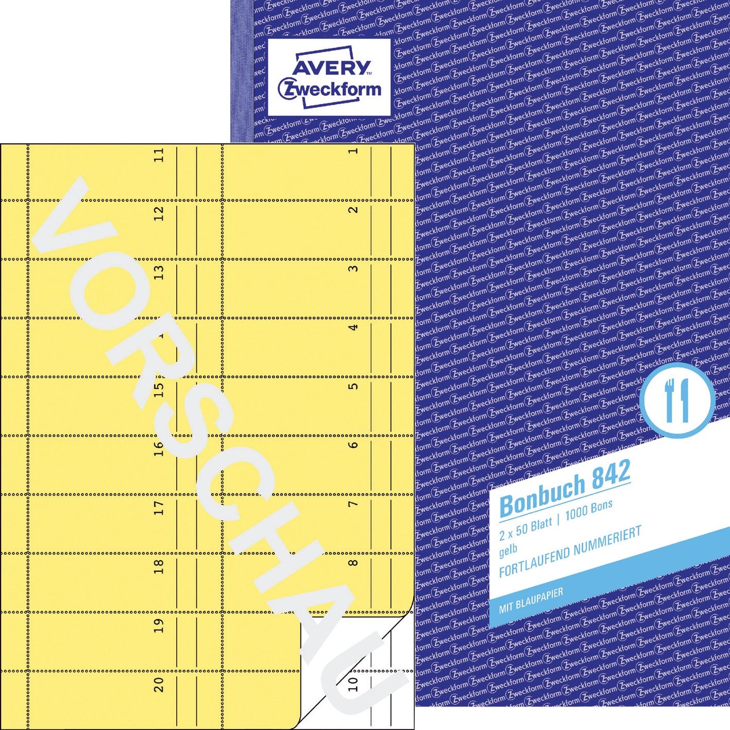 842 Bonbuch, DIN A4, fortlaufend nummeriert, 2 x 50 Blatt, gelb, weiß 842 Bonbuch, DIN A4, fortlaufend nummeriert, 2 x 50 Blatt, gelb, weiß