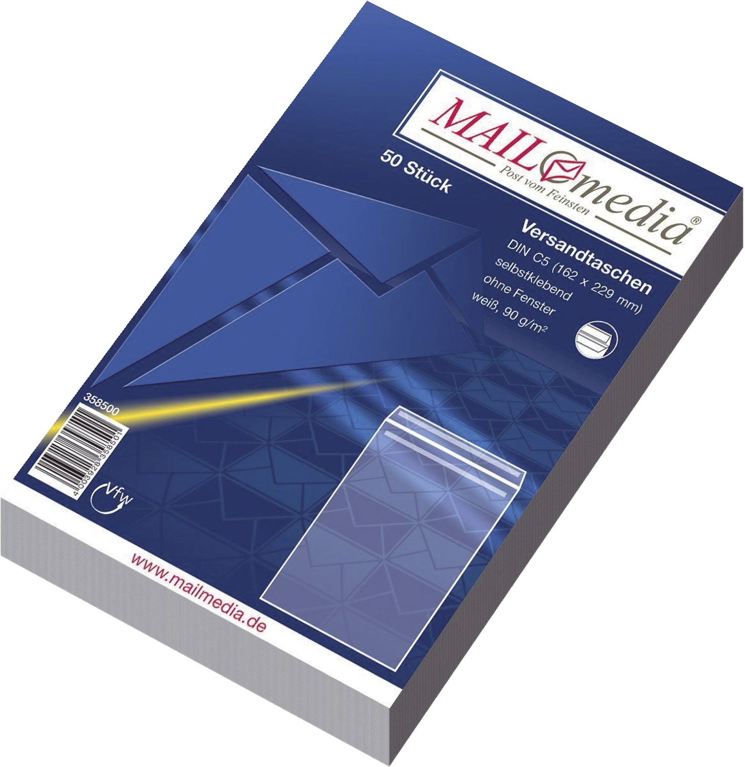 Versandtasche MAILmedia® 30022378, C5, selbstklebend, ohne Fenster, weiß, mit ID, 90 g/qm, 50 Stück