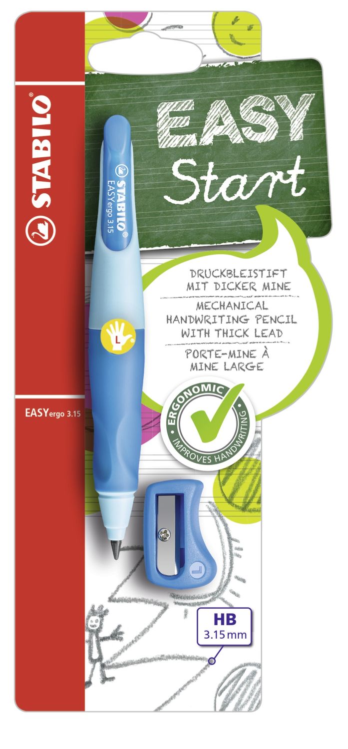 Ergonomischer Druck-Bleistift für Linkshänder - EASYergo 3.15 in hellblau/dunkelblau - Einzelstift - inklusive 1 dicken Mine - Härtegrad HB & Spitzer Ergonomischer Druck-Bleistift für Linkshänder - EASYergo 3.15 in hellblau/dunkelblau - Einzelstift - inklusive 1 dicken Mine - Härtegrad HB & Spitzer