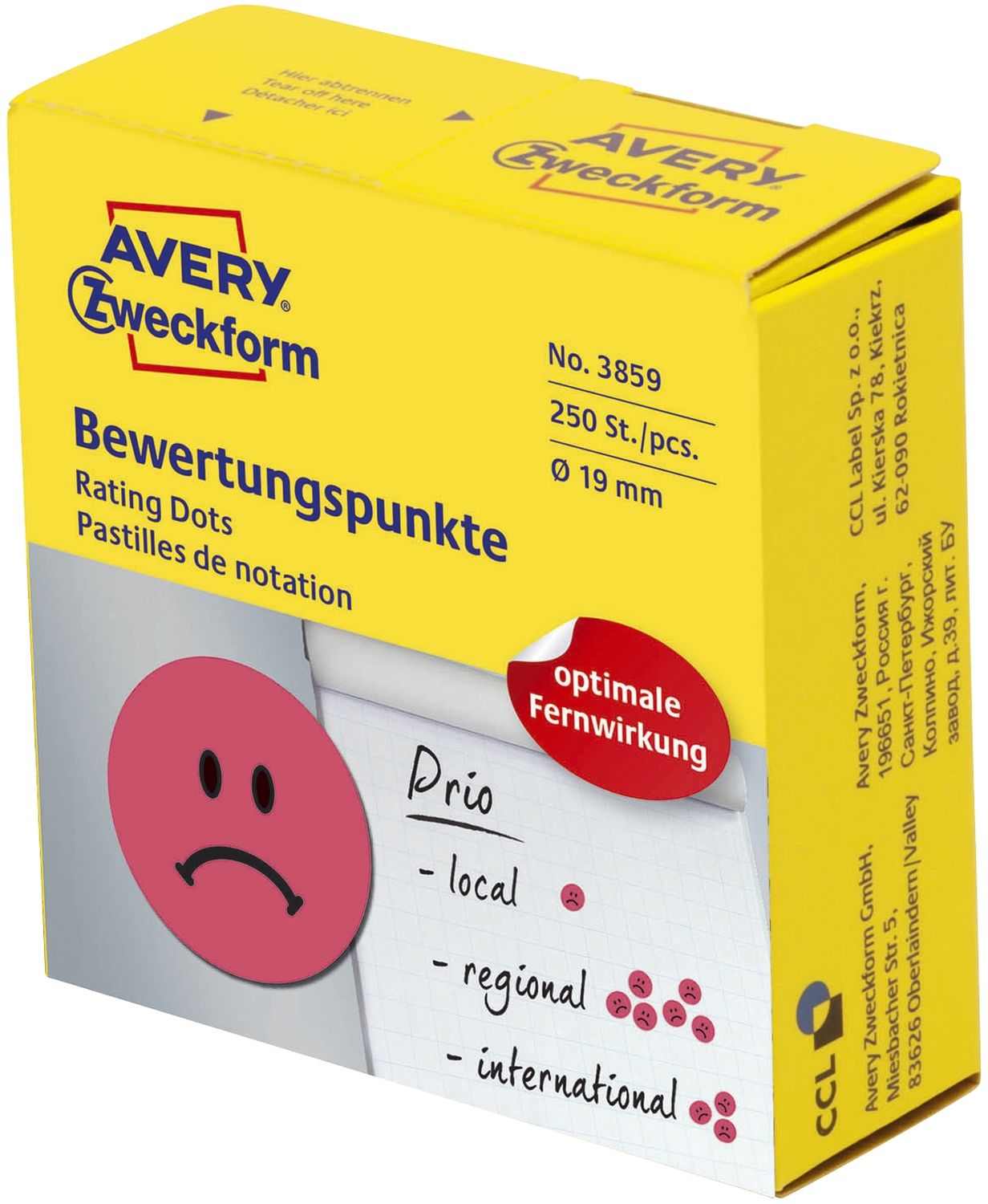 3858 Bewertungspunkt "trauriger Smiley" - Ø 19 mm, Spender mit 250 Etiketten, rot