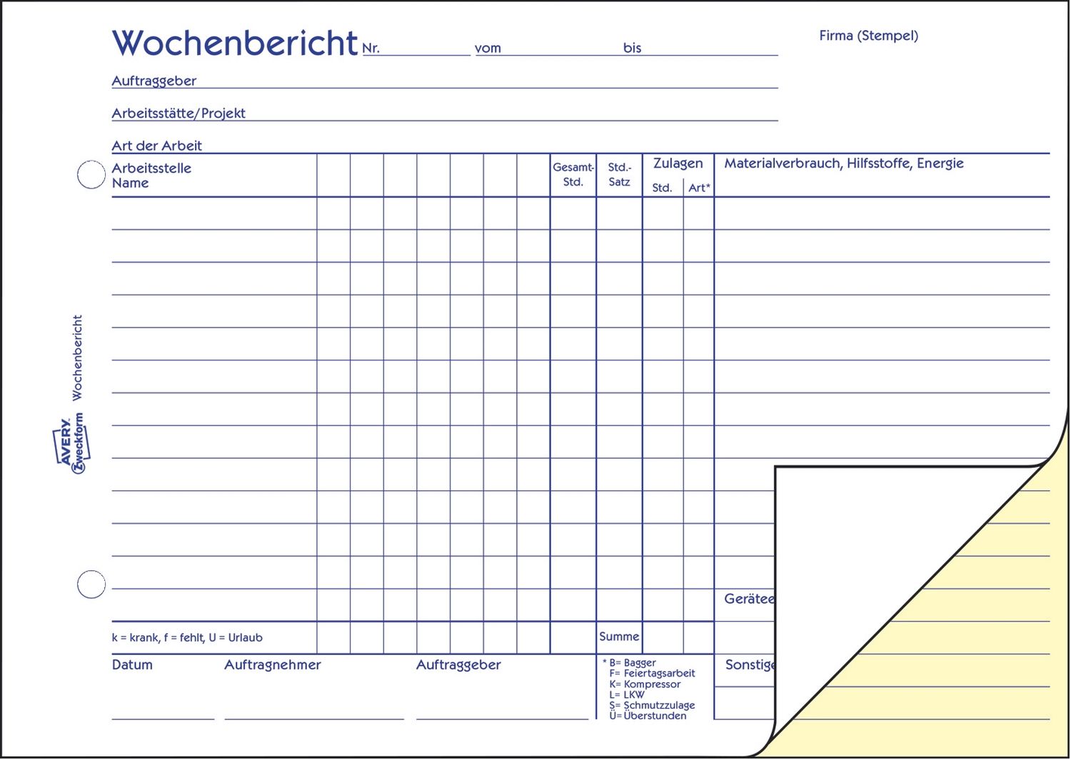 1311 Wochenbericht, DIN A5 quer, vorgelocht, 2 x 50 Blatt, weiß, gelb 1311 Wochenbericht, DIN A5 quer, vorgelocht, 2 x 50 Blatt, weiß, gelb