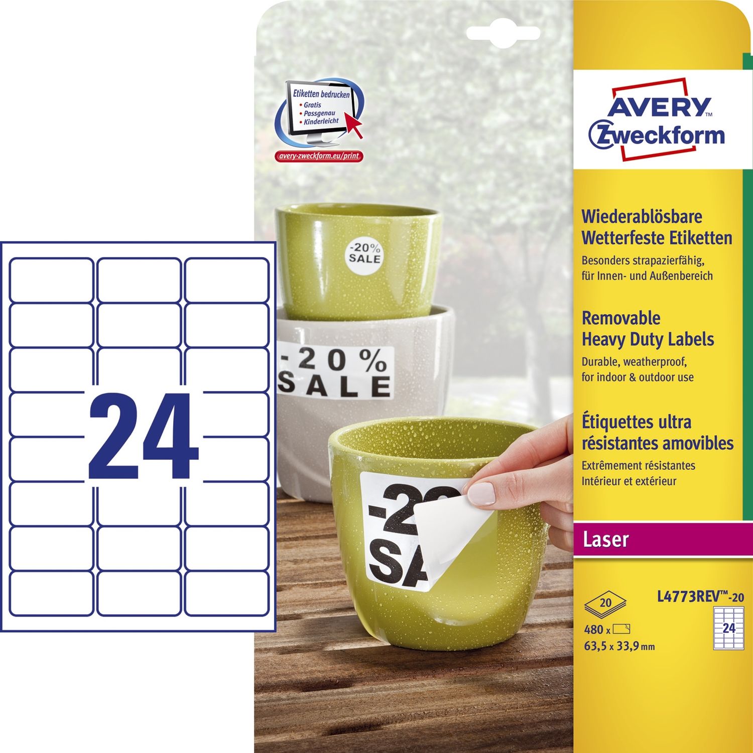 L4773REV-20 Wetterfeste Etiketten (A4, 480 Stück, ablösbar, 33,9 x 63,5 mm) 20 Blatt weiß L4773REV-20 Wetterfeste Etiketten (A4, 480 Stück, ablösbar, 33,9 x 63,5 mm) 20 Blatt weiß