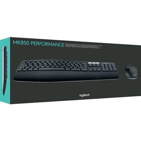 Tastatur Logitech MK850, Funktastatur per USB, inkl Maus, 43,0 x 2,5 x 21,0 cm, schwarz