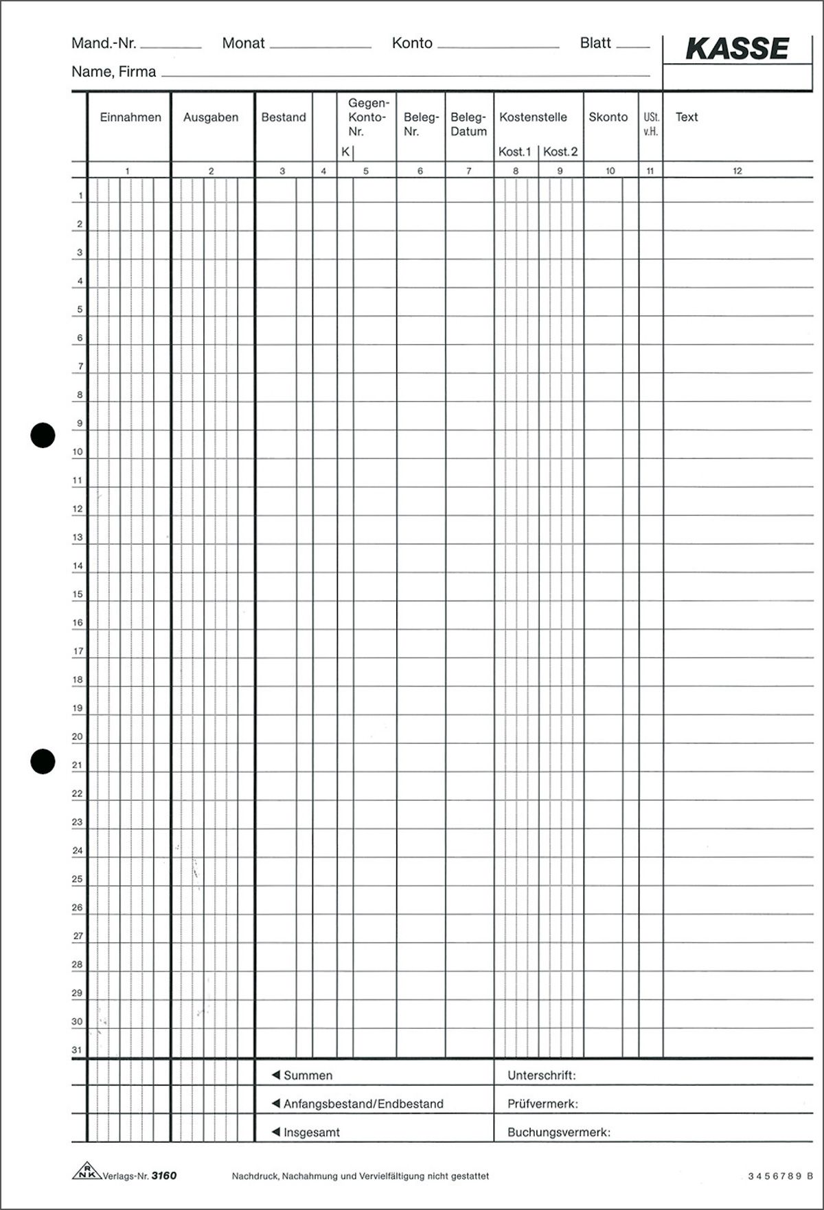 EDV-Kassenbuch, 2 x 50 Blatt, DIN A4, mit Durchschreibepapier