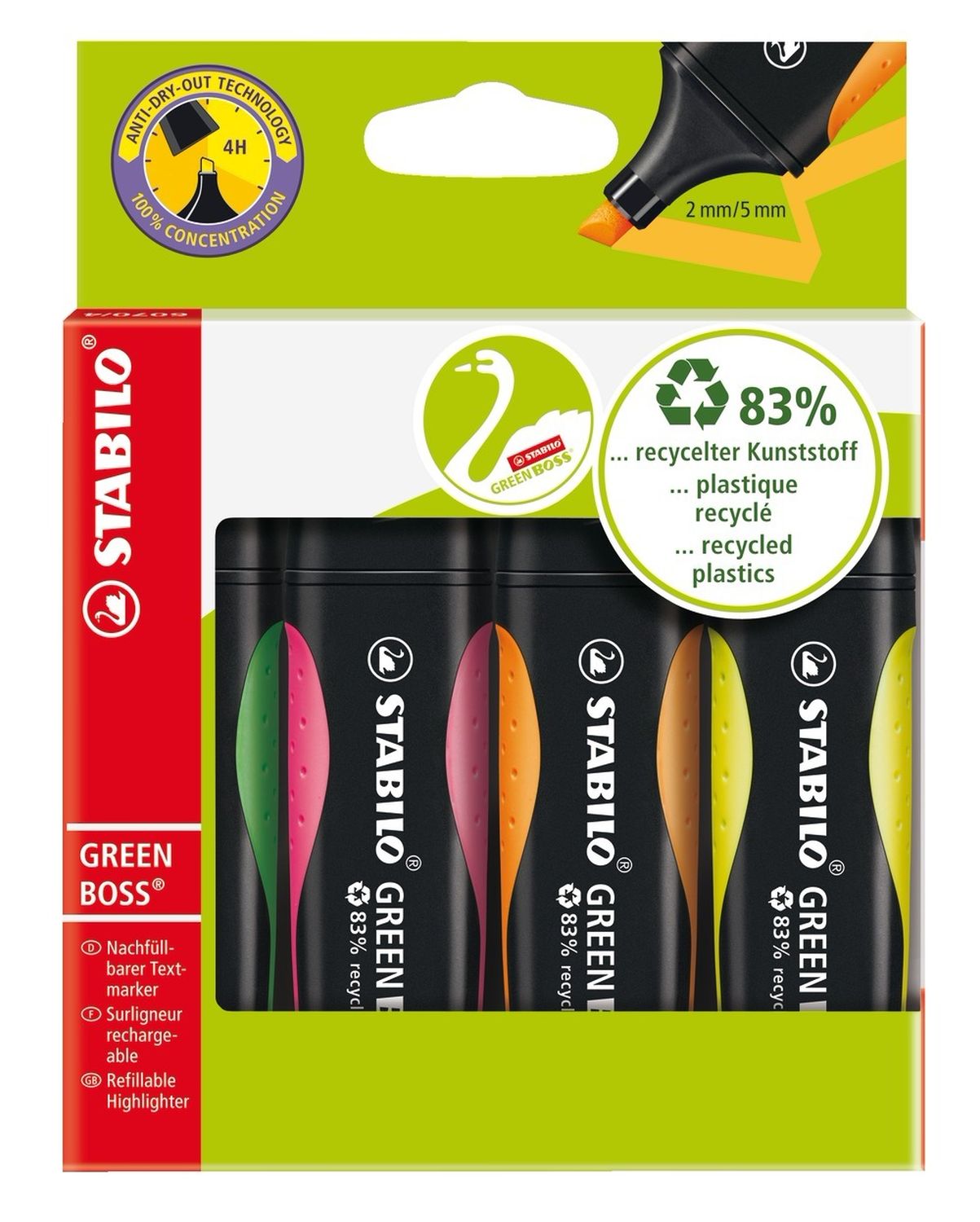 Umweltfreundlicher Textmarker - GREEN BOSS - 4er Pack - grün, rosa, orange, gelb