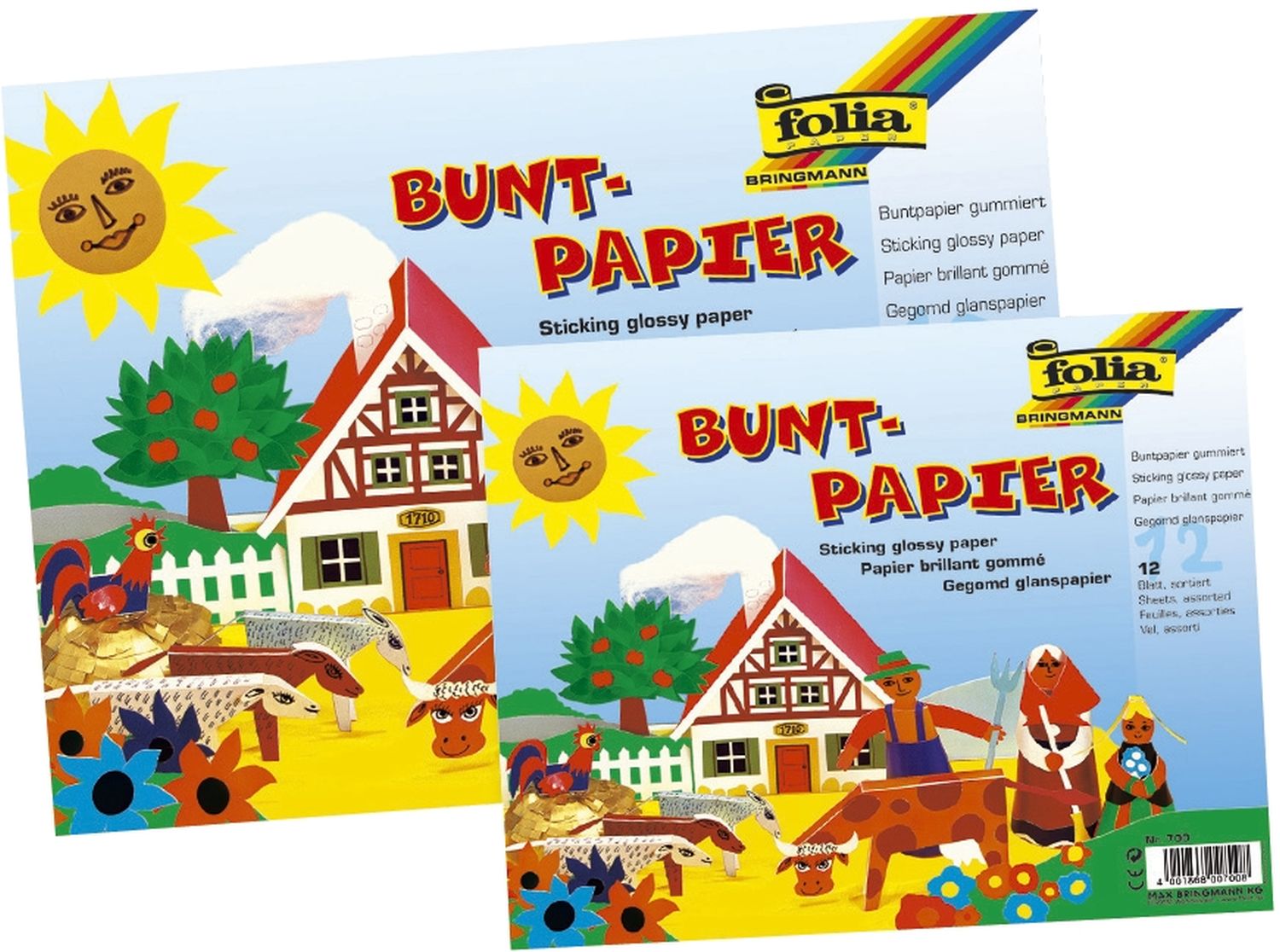 Buntpapier Hefte, gummiert, 23x25cm, 12 Blatt, 12-farbig