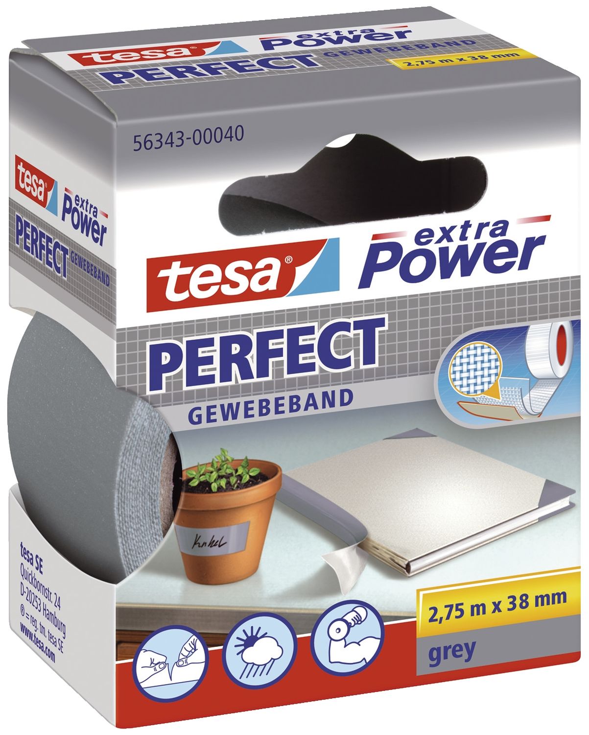 Gewebeklebeband extra Power Perfect - 2,75 m x 38 mm, grau