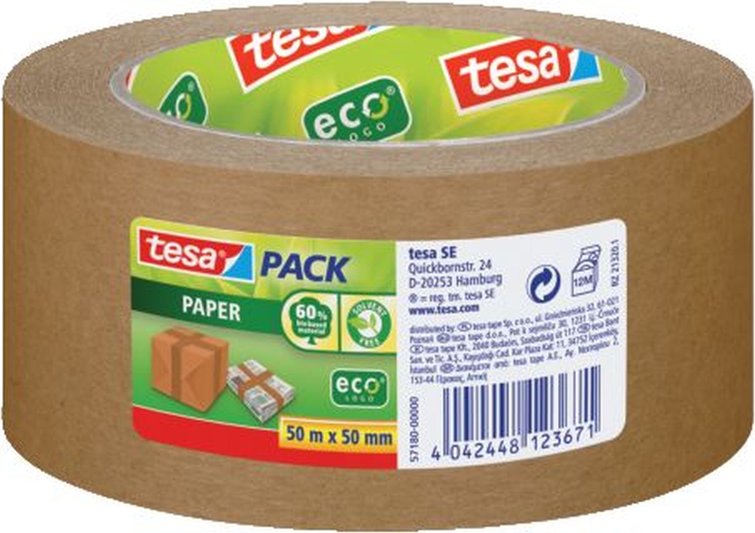 Verpackungsklebeband tesapack® Paper EcoLogo - Papier, 50 m x 50 mm, braun