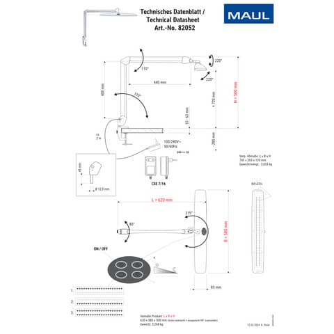 Schreibtischlampe Maul MAULwork 8205202, mit Tischklemme, LED, dimmbar, 15 Watt, weiß