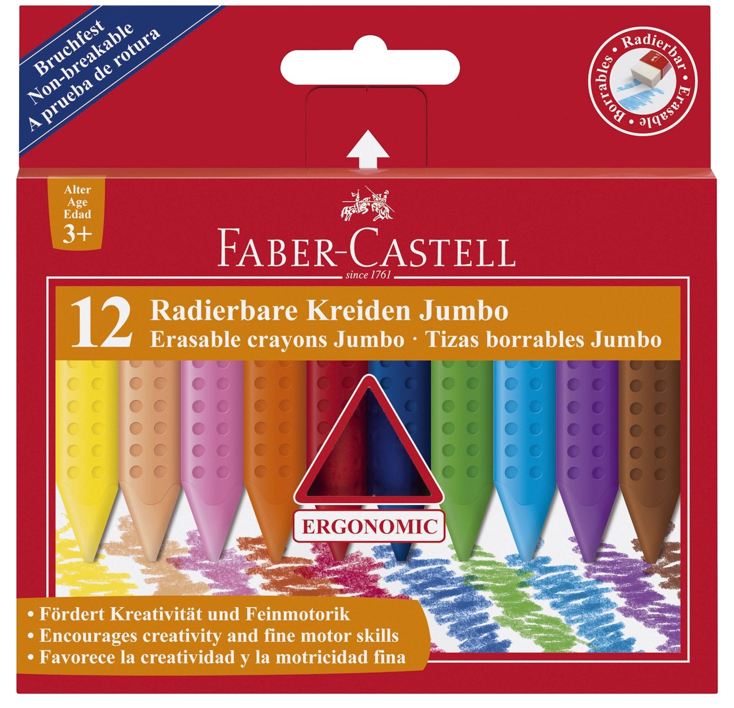 Radierbare Kreide JUMBO, ergonomische Dreikantform, 12 Kreiden farbig im Etui Radierbare Kreide JUMBO, ergonomische Dreikantform, 12 Kreiden farbig im Etui