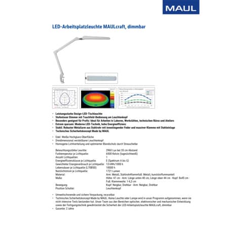 Schreibtischlampe Maul Maulcraft 8205302, mit Tischklamme, LED, dimmbar, 970 Lumen, 14 Watt, weiß