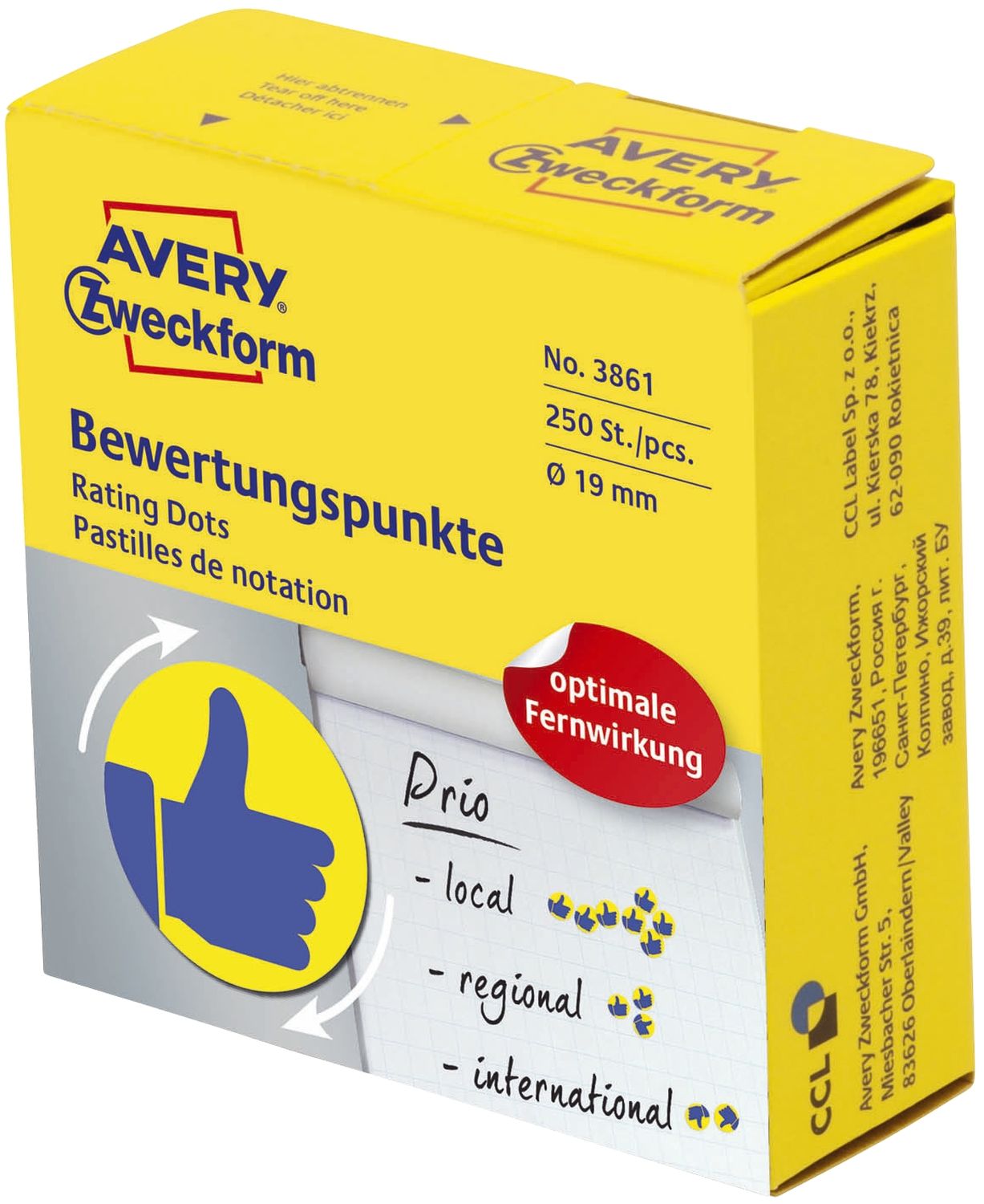 3861 Bewertungspunkt "Daumen" - Ø 19 mm, Spender mit 250 Etiketten, blau / gelb 3861 Bewertungspunkt "Daumen" - Ø 19 mm, Spender mit 250 Etiketten, blau / gelb