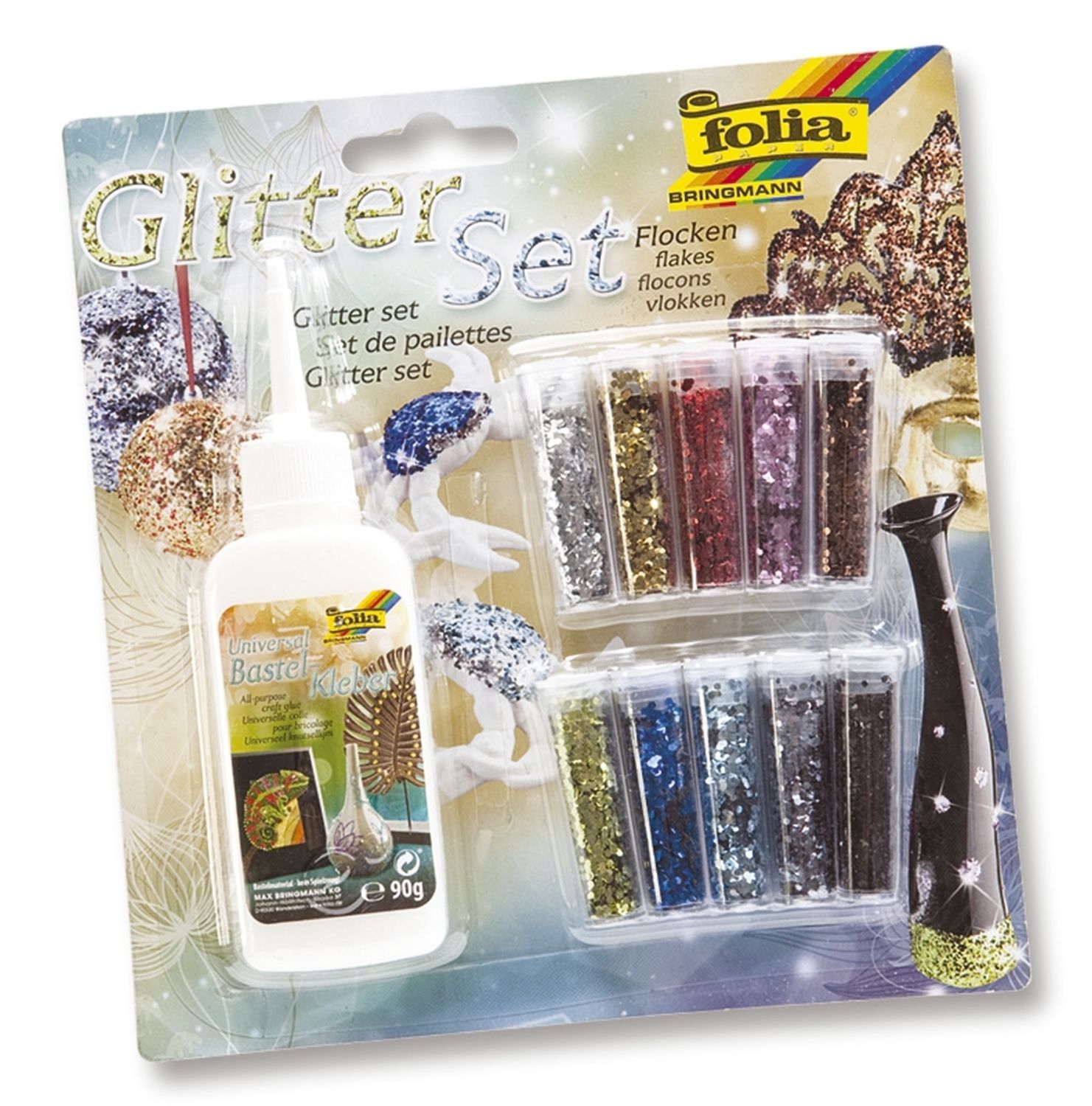 Glitterset - Flocken, 10 farben sortiert, inkl. Deko-Kleber Glitterset - Flocken, 10 farben sortiert, inkl. Deko-Kleber