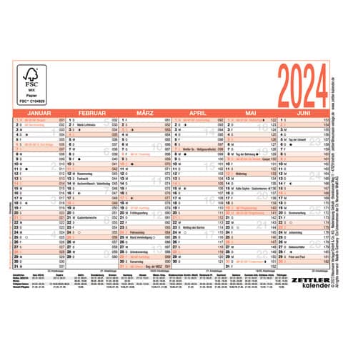 Tafelkalender Zettler 609847 Tischkalender, Jahr 2024, DIN A6 quer, 2 x 6 Monate auf  je 1 Seite, Karton
