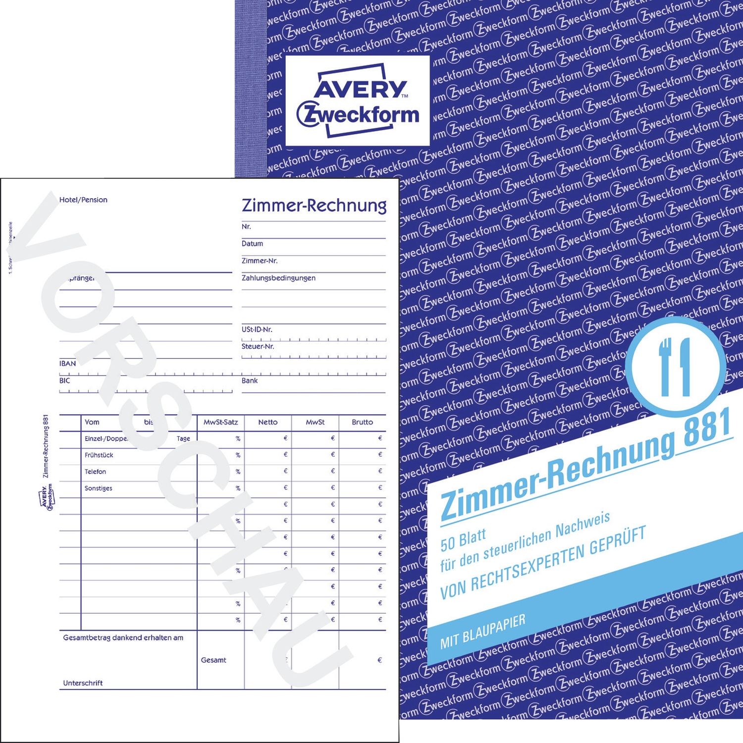 881 Zimmerrechnung, DIN A5, beidseitig bedruckt, 50 Blatt, weiß 881 Zimmerrechnung, DIN A5, beidseitig bedruckt, 50 Blatt, weiß