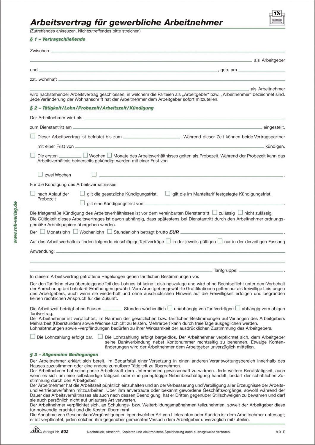Arbeitsvertrag für gewerbliche Arbeitnehmer, 2 Seiten, DIN A4 Arbeitsvertrag für gewerbliche Arbeitnehmer, 2 Seiten, DIN A4