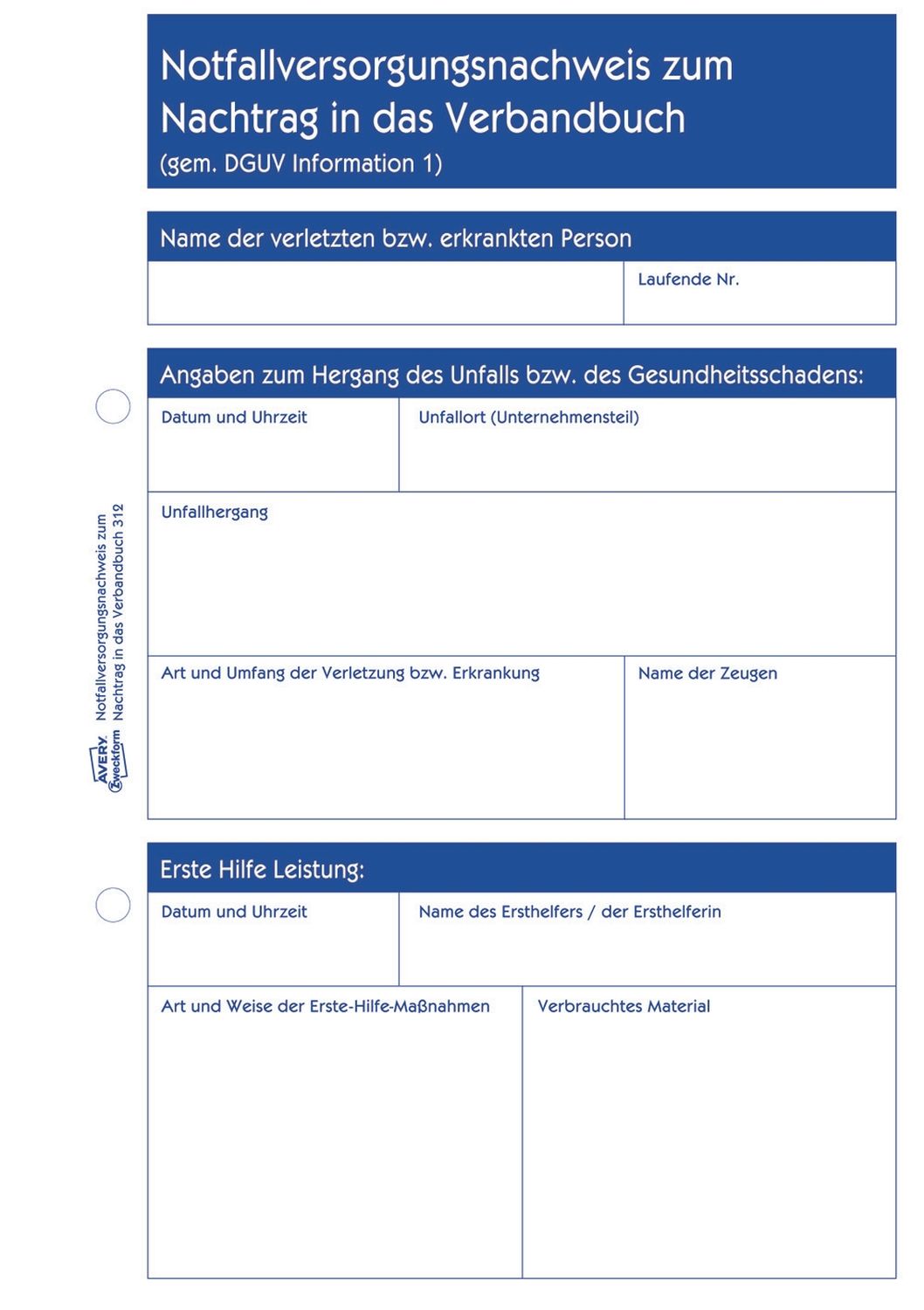 Erste Hilfe Meldeblock Avery Zweckform 312 DIN A5, 50 Blatt Erste Hilfe Meldeblock Avery Zweckform 312 DIN A5, 50 Blatt