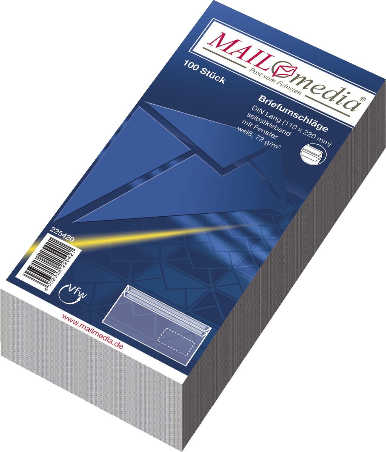Briefumschläge MAILmedia® 300022389, DIN lang (220x110 mm), mit Fenster, selbstklebend, 72 g/qm, 100 Stück