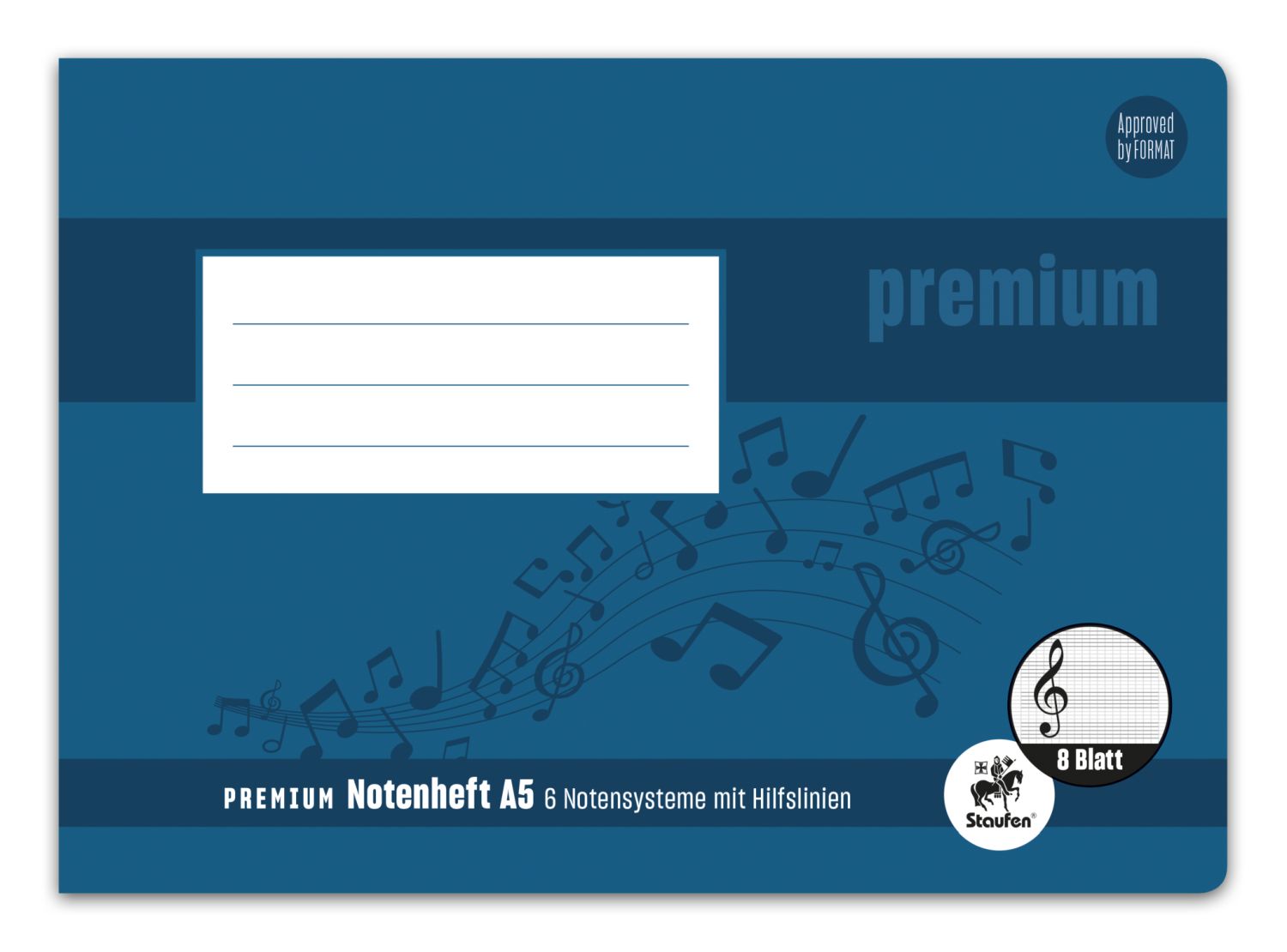 Notenheft PREMIUM Academy - A5 quer, 90 g/qm, 8 Blatt, 6 Notensysteme mit Hilfslinien