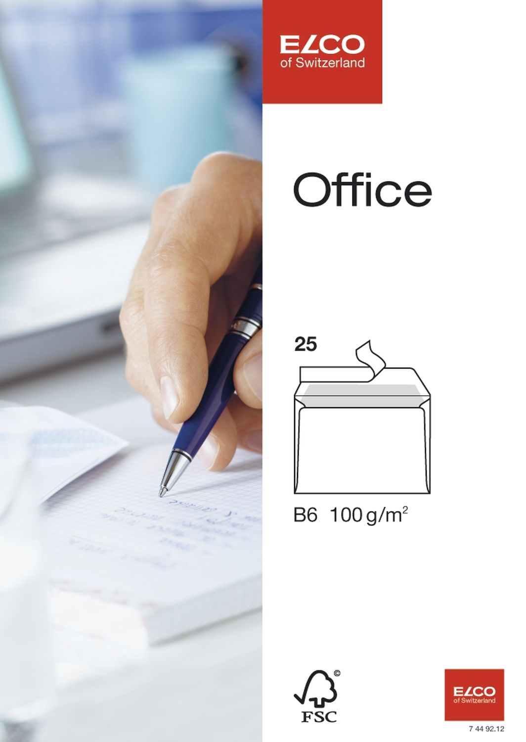 Briefumschlag Office Elco 74492.12, B6, hochweiß, haftklebend, ohne Fenster, 100 g/qm, 25 Stück